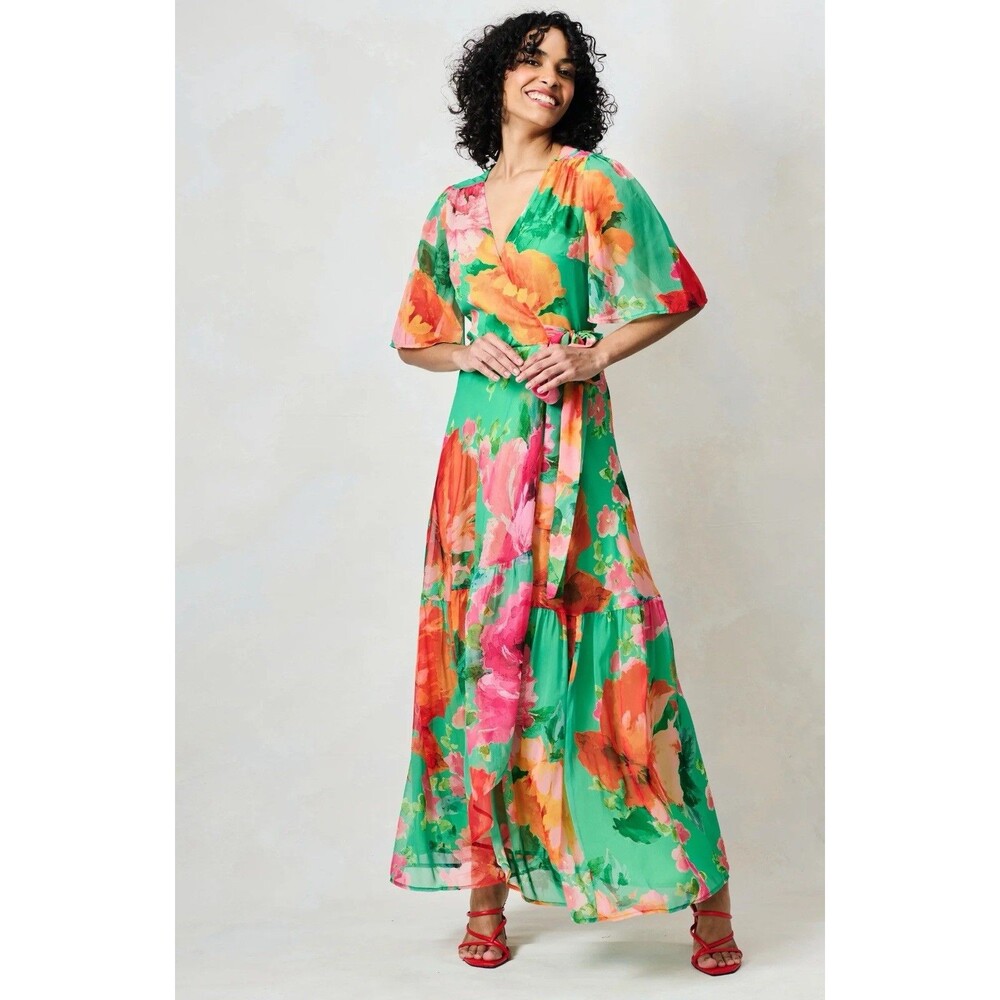 Floral Wrap Dress Maxi Dress With Flutter Sleeves